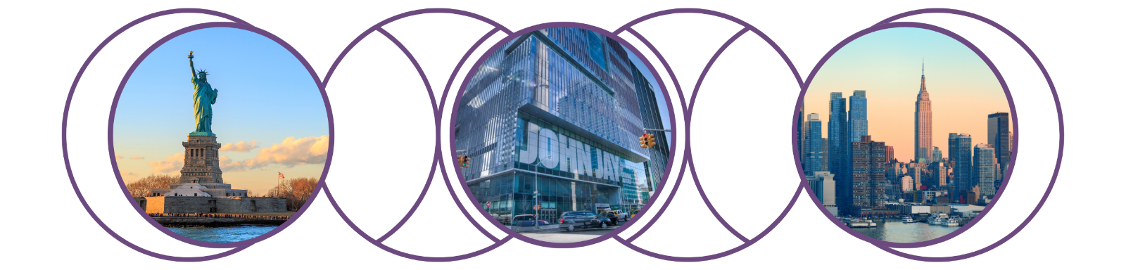 Images of the Statue of Liberty, John Jay College, and the NYC Skyline