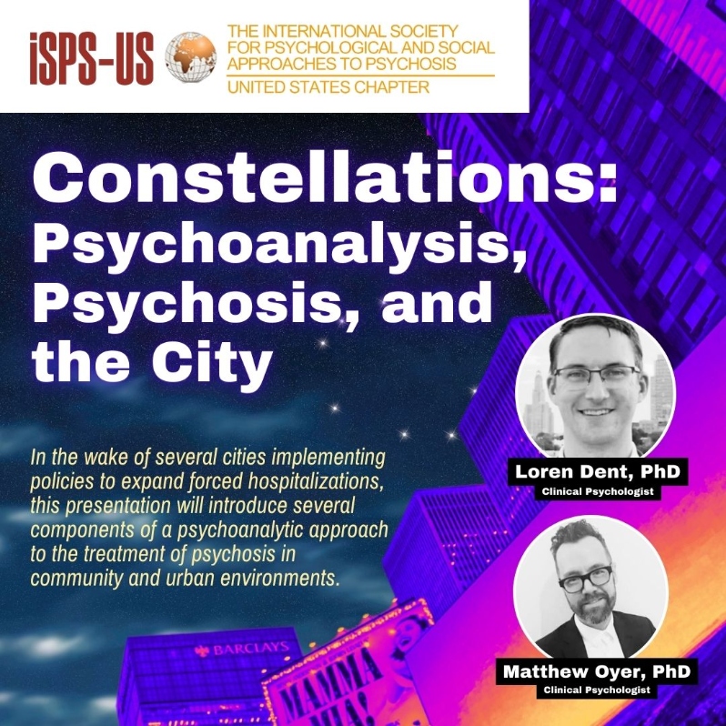Product Description: Welcome to the ISPS-US webinar recordings store!At ISPS-US, we're dedicated to promoting psychological and social approaches to psychosis, transforming the mental health system. As a member, you gain exclusive benefits, including free access to all our webinars. Join our community of like-minded individuals bybecoming a memberand support our mission. Membership starts at just $6.67per month.</br></br>Not a member?Explore our insightful webinars with three-tiered pricing options. Your $10 purchase not only grants you valuable knowledge but also contributes to driving positive change in mental health care. Choose the $20 option to pay it forward, providing free access to low-income individuals. We do not turn away anyone for lack of funds, email contact@isps-us.org for access. Your contributions enable us to provide educational resources and foster a compassionate and transformative mental health system. Join us on this transformative journey!</br></br>We don't turn anyone away due to lack of funds. If you cannot afford to purchase this webinar, please email contact@isps-us.org for access.</br></br>Preview this webinar on YouTube</br></br>WEBINAR DESCRIPTION</br>In the wake of several cities implementing policies to expand forced hospitalizations, this presentation will introduce several components of a psychoanalytic approach to the treatment of psychosis in community and urban environments. Drawing on well-established traditions of psychoanalytic institutional models of care, particularly in the United States and France, participants will learn about the importance of collective interventions for recovery from psychosis. Key concepts will include circulation of speech and transferences, disalienation, translation of psychotic experience and the need for treatment institutions to analyze their internal cultures of power. After introducing conceptual foundations, the presenters will use examples from New York City clinical programs that utilize psychoanalytic therapy, psychopharmacology, network meetings, therapy groups, and collaborations with a clubhouse. Participants will hear clinical examples of this type of multi-institutional work and invite questions and challenges to deepen thinking about the role of and limits to psychoanalytically-informed collective interventions in the treatment of psychosis and extreme states.</br></br>ABOUT THE PRESENTERS</br></br>Loren Dent is a psychologist who works in private practice with children, adolescents, and adults. He is on the volunteer faculty at Lenox Hill Hospital, where he provides trainees with psychotherapy and psychological evaluation supervision, as well as ongoing didactics about assessing and treating psychosis. Before his full-time private practice, he was a psychologist and team leader for Lenox Hill's first-episode psychosis program. Dr. Dent completed his doctoral training at the New School for Social Research, including an internship at Columbia University Medical Center/New York Presbyterian. He also completed a postdoctoral fellowship at Columbia University. Dr. Dent is the senior editor of DIVISION/Review, a quarterly publication of Division 39 of the American Psychological Association, and an instructor for the Brooklyn Institute for Social Research, where he teaches courses on psychoanalytic theory. He is an analyst in formation at the Apres-Coup Psychoanalytic Association.</br></br>Matthew Oyer is a licensed psychologist and psychoanalyst. He is the Co-Director of the Externship program at the Greene Clinic, Assistant Clinical Professor at the Icahn School of Medicine, and Adjunct Supervising Faculty in the clinical psychology doctoral program at City College. He completed his doctoral training at the City University of New York and his doctoral internship at the New York Psychoanalytic Society and Institute (NYPSI) and Mount Sinai Medical Center. With a small group of others, Dr. Oyer created and implemented a program of independent psychoanalytic training through which he continues to pursue lifelong formation. He has experience working in a wide range of settings, from inpatient psychiatric units and intensive hospital-based outpatient programs to therapeutic communities, substance abuse treatment facilities, university counseling centers, and outpatient mental health clinics. Dr. Oyer is on the editorial board of the European Journal of Psychoanalysis and the board of directors for the Foundation for Community Psychoanalysis.</br> Constellations: Psychoanalysis, Psychosis, and the